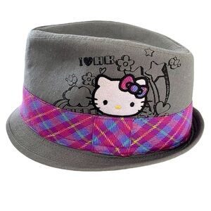 HELLO KITTY Fedora Grey Purple Pink Plaid Band White Hello Kitty Youth Size S/M
